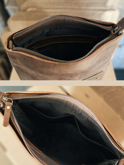 Den brune Gili taske indvendigt - se info om lommerne i beskrivelsen.